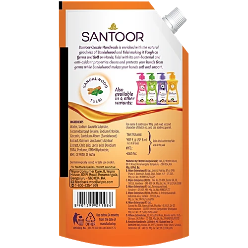 Santoor Classic Gentle Hand Wash - Sandalwood & Tulsi,