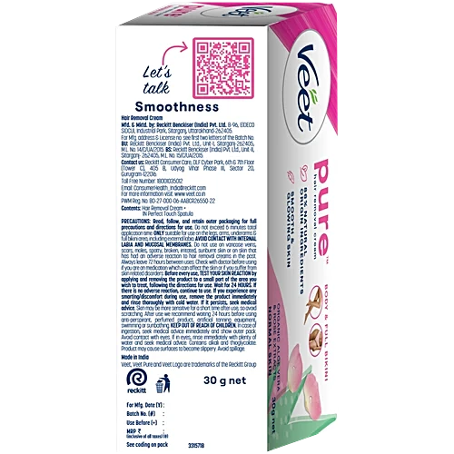 Veet Pure Hair Removal Cream - Normal Skin, For Women, Aloe & Rose, 30 g