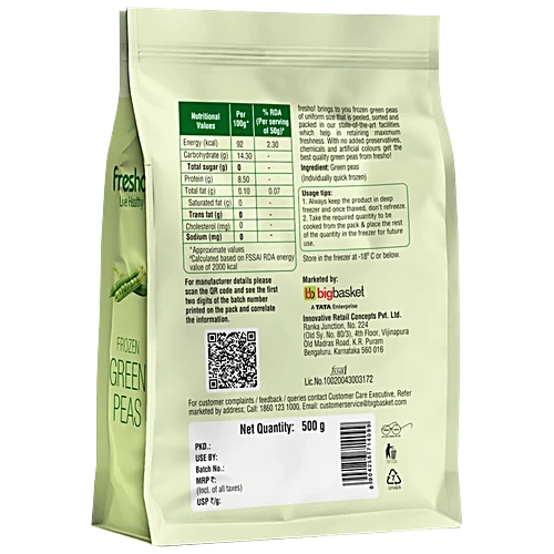 fresho! Frozen Green Peas - No Preservatives, 500 g Pouch